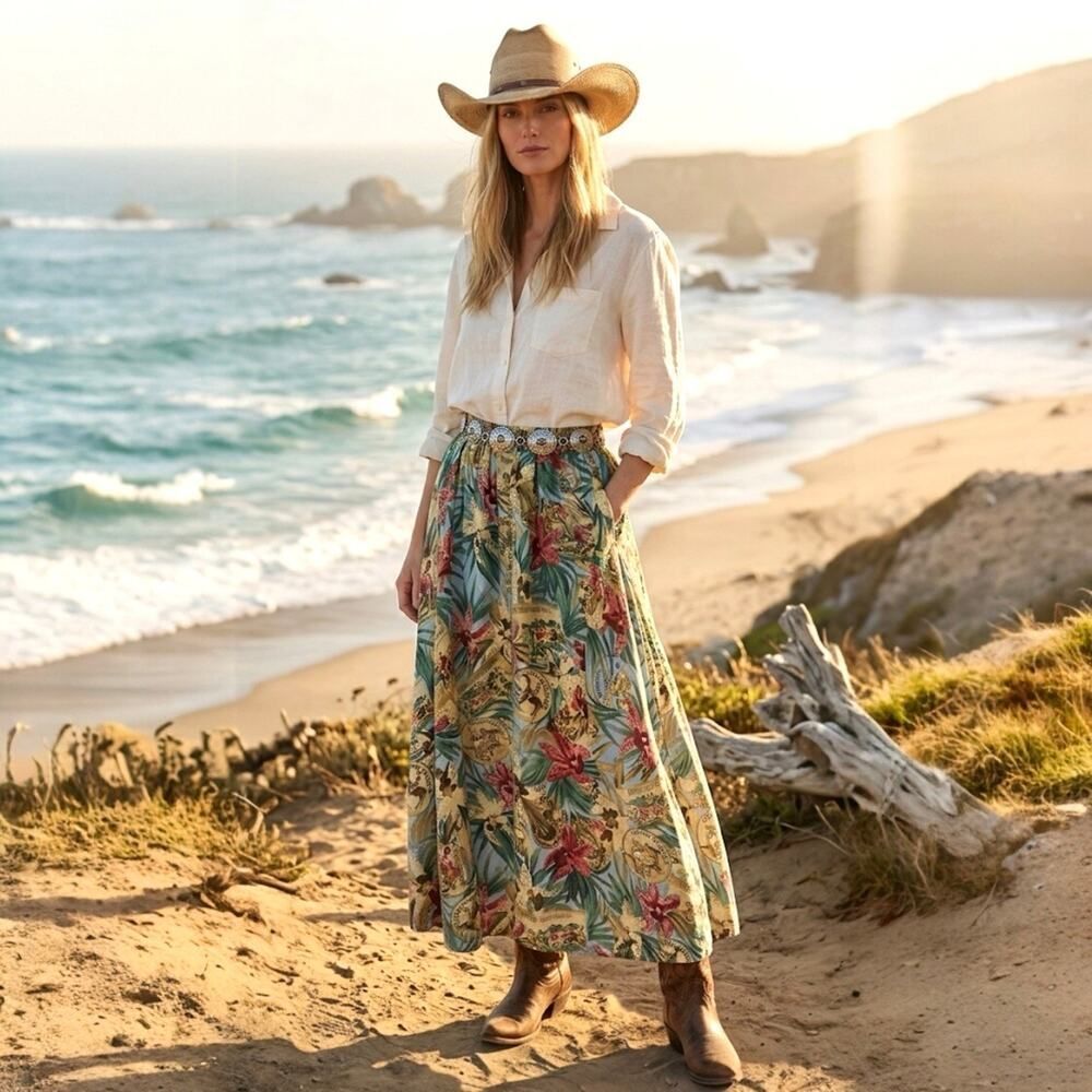 VTG SILK CLUB Maxi Skirt Horse Show Equestrian Tropical Coastal Cowgirl L/XL